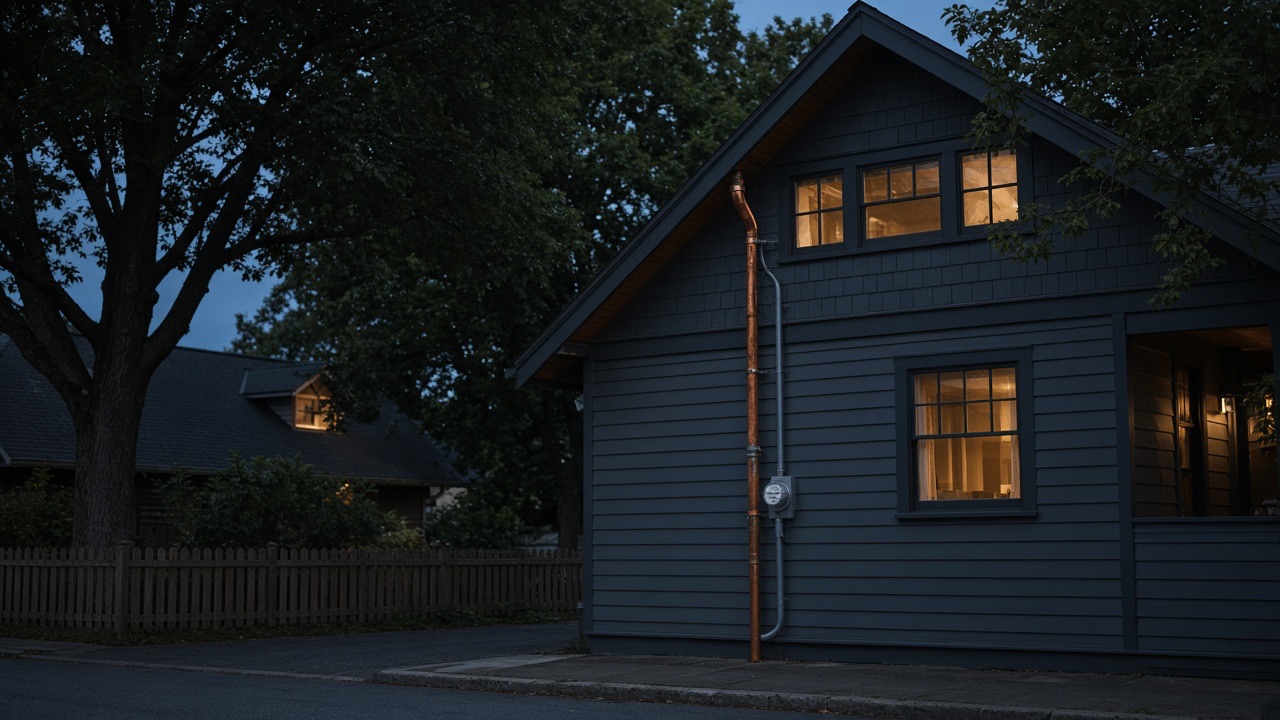 A dusk house with warm windows, a service mast, and a meter on the side wall.