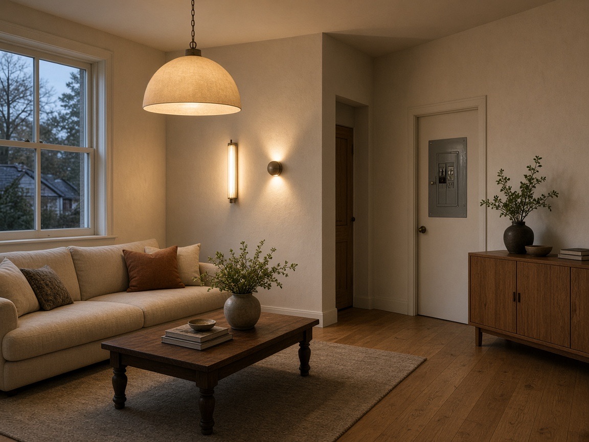 A living room at dusk, lit by wall fixtures, with a panel door along the side wall.