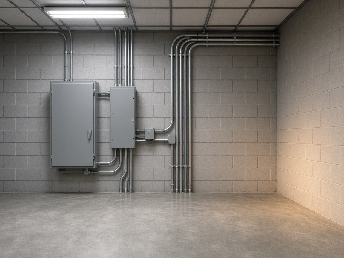 A commercial electrical room with two gray panels and a galvanized conduit riser.